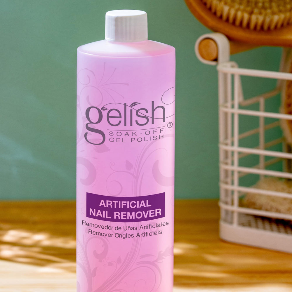 Gelish remover on a cotton pad highlighting conditioning formula for hydrated skin.