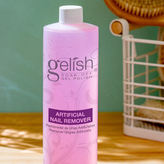 Gelish remover on a cotton pad highlighting conditioning formula for hydrated skin.