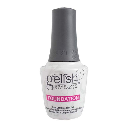 Gelish Harmony base-coat application scene shows even layer for prep-ready nails.