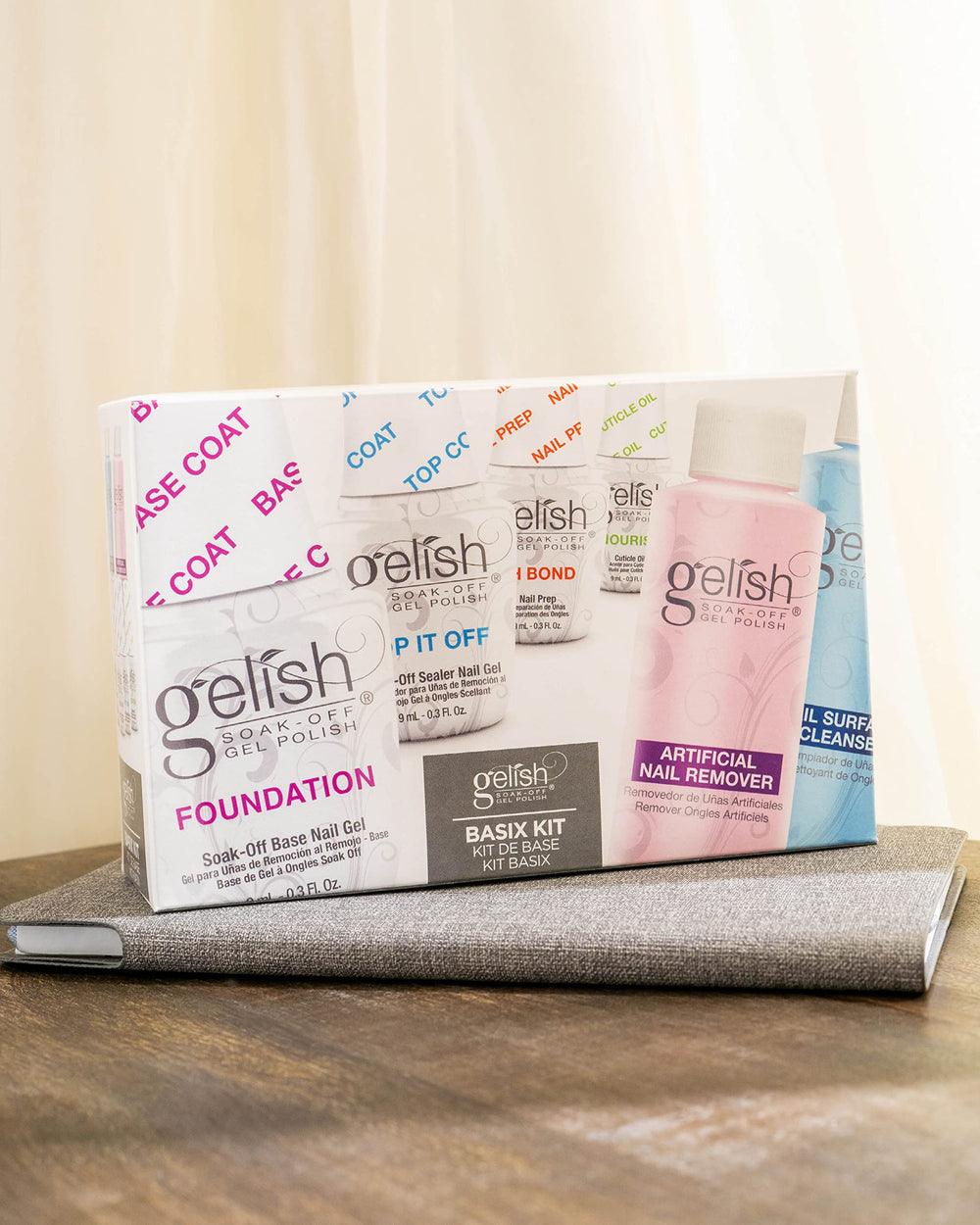 At home Gelish Basix kit setup for salon quality manicures
