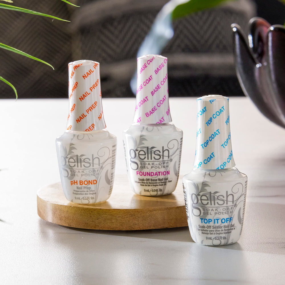 Gelish Mini Terrific Trio top-it-off bottle closeup with glossy top coat finish.
