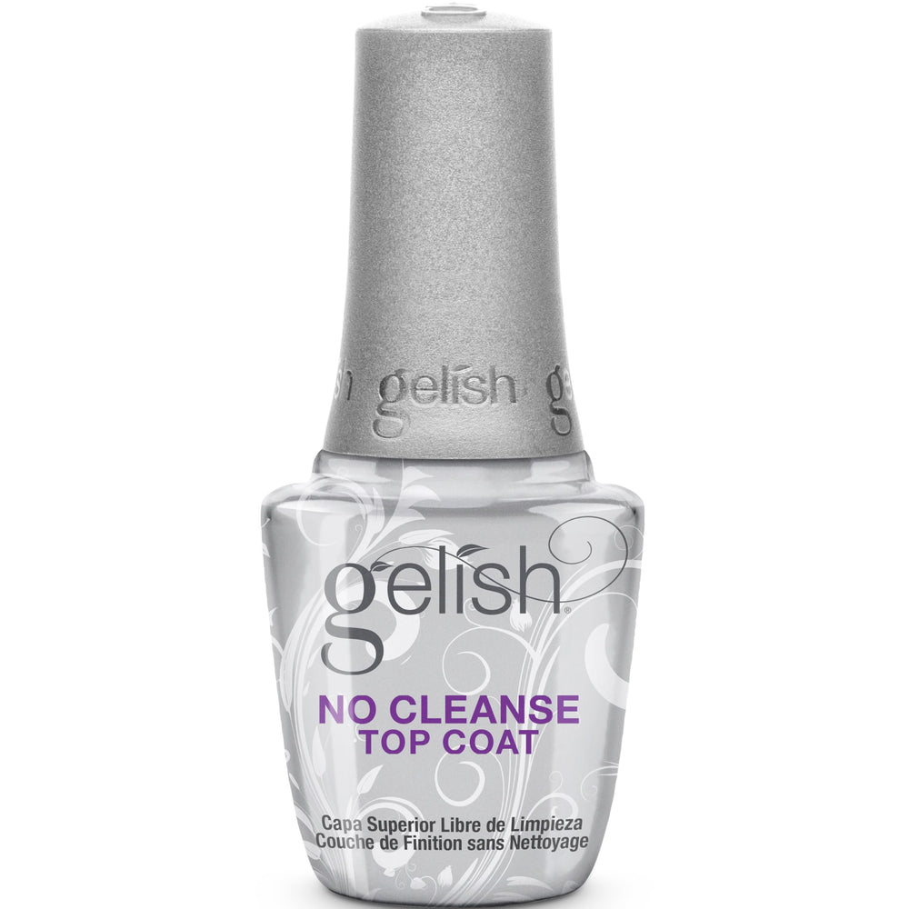 Gelish No-Cleanse Top Coat gloss finish for chip-resistant, long-lasting manicures.
