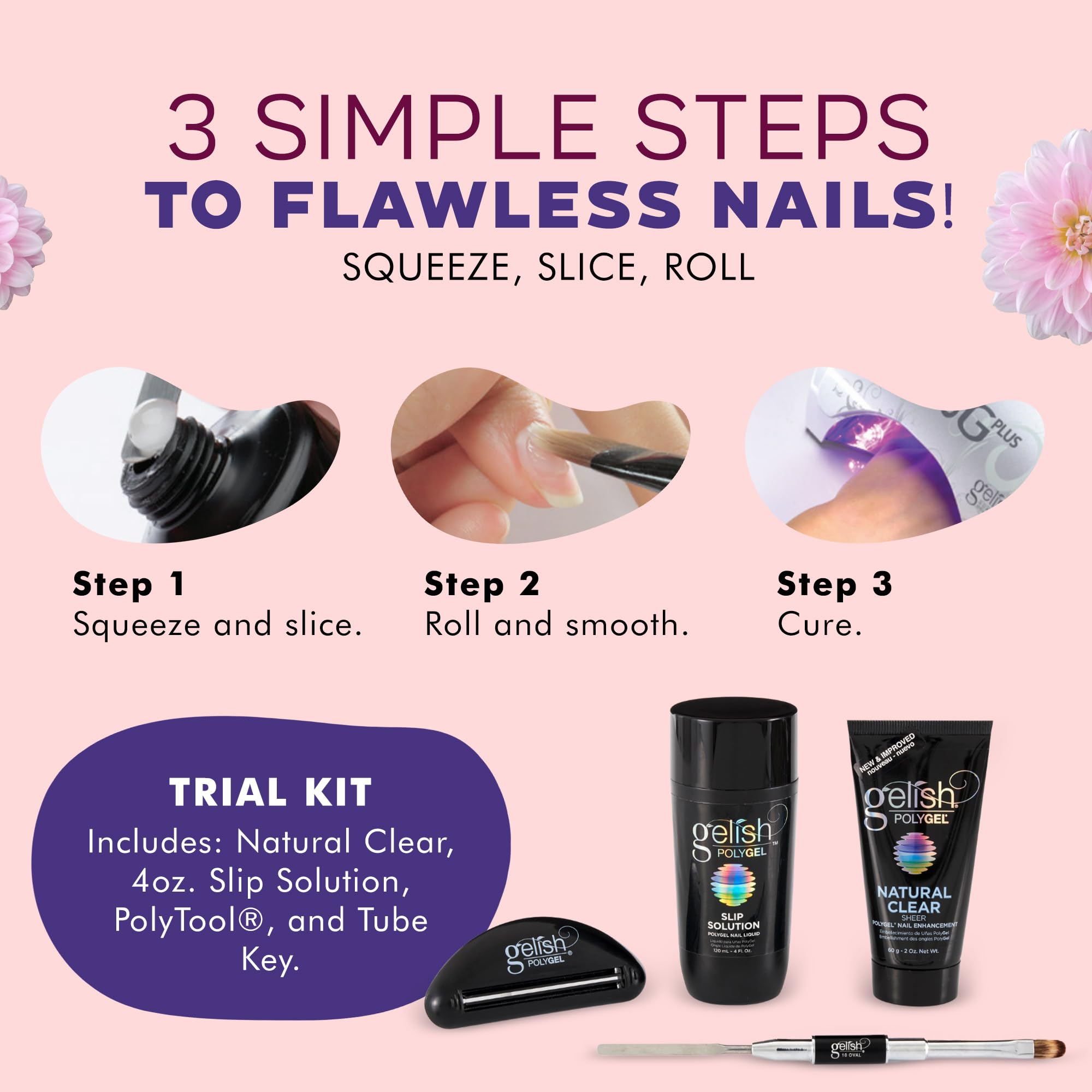 Gelish PolyGel Trial Kit tools scene emphasizes professional-grade implements.
