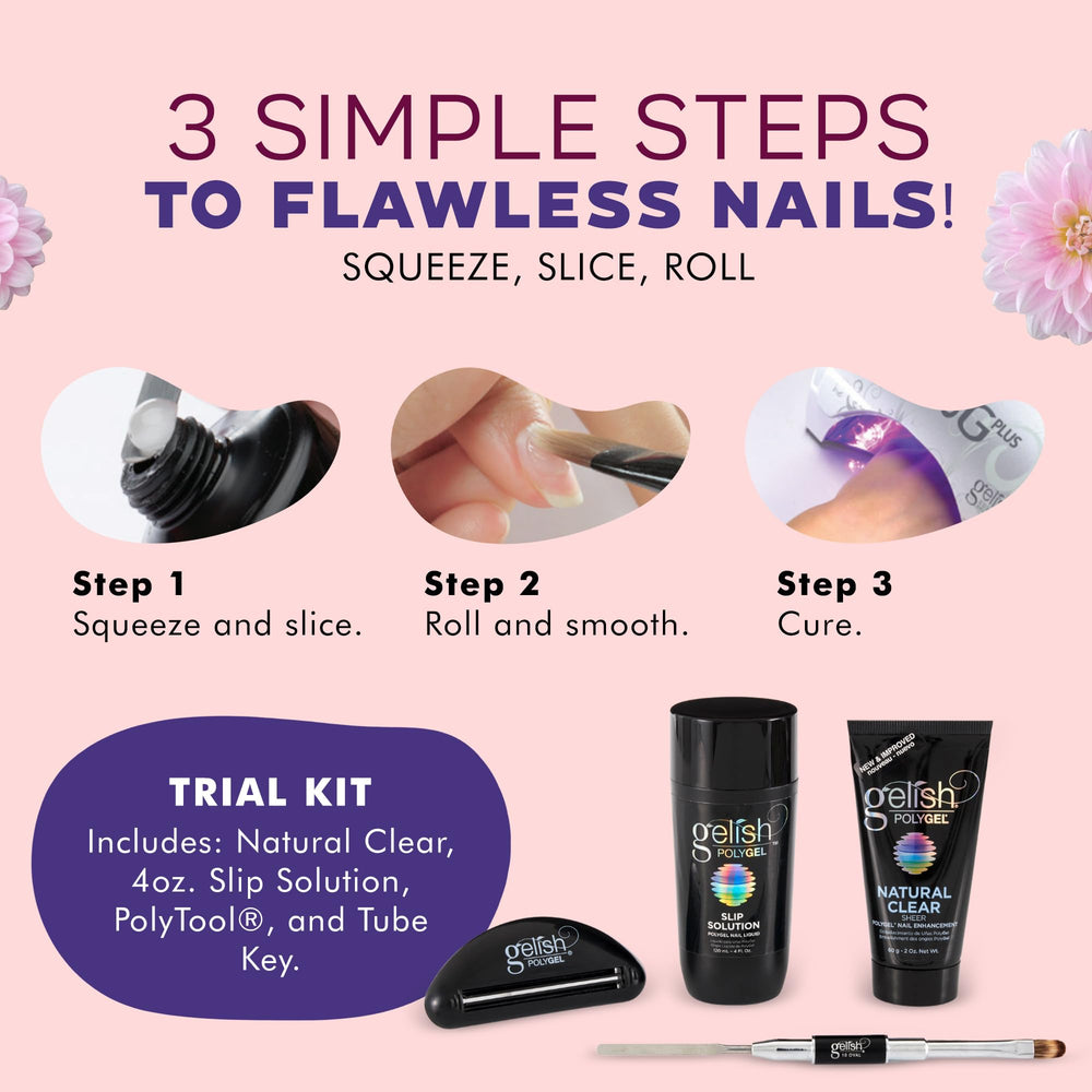 Gelish PolyGel Trial Kit tools scene emphasizes professional-grade implements.