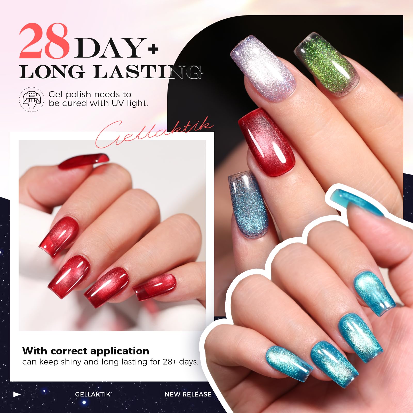 GELLAKTIK six 7.5ml bottles arranged for easy shade selection.
