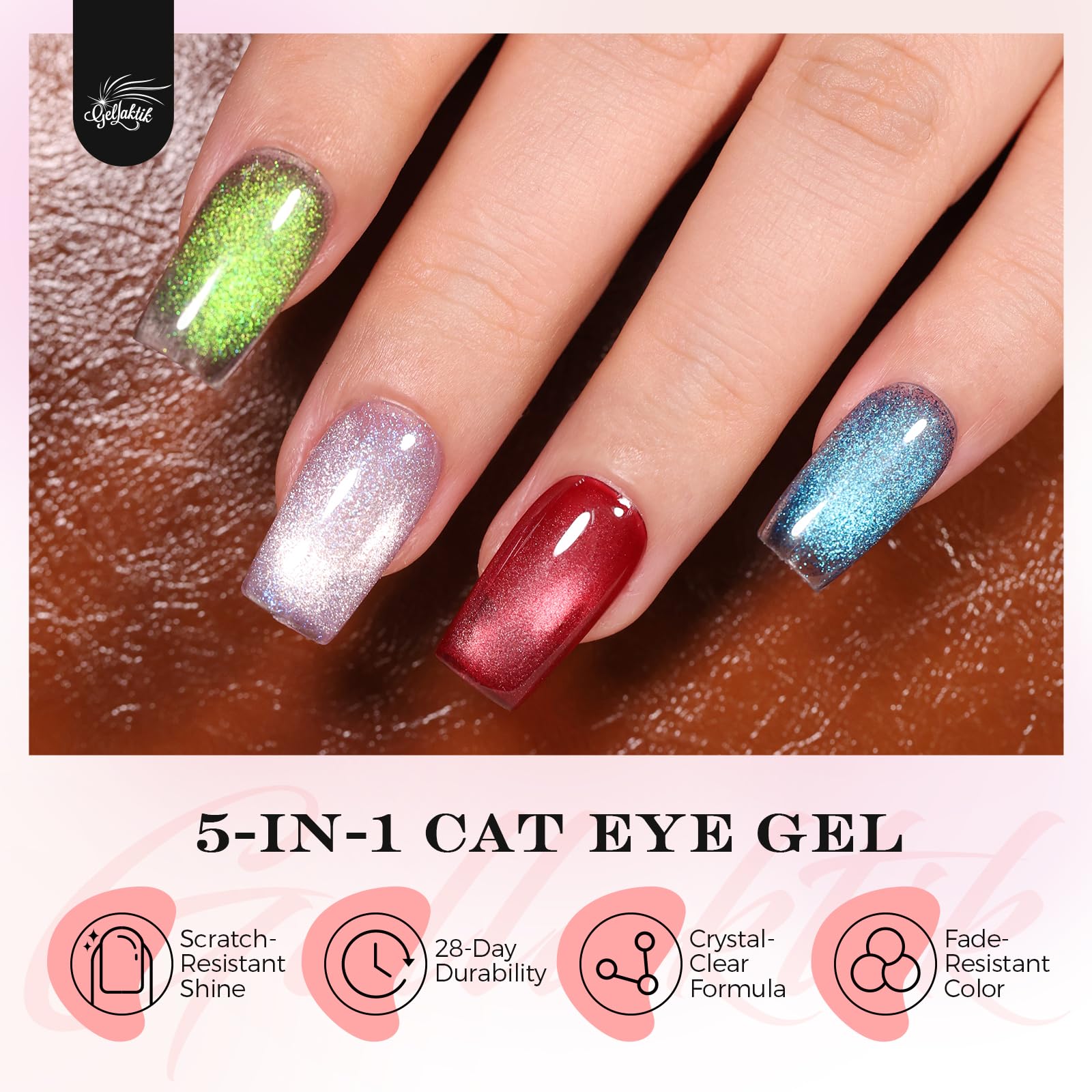 GELLAKTIK magnets create razor-sharp lines with deep color payoff.