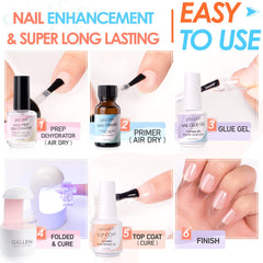 Gellen 3-in-1 nail glue base gel bonds tips and strengthens nails.