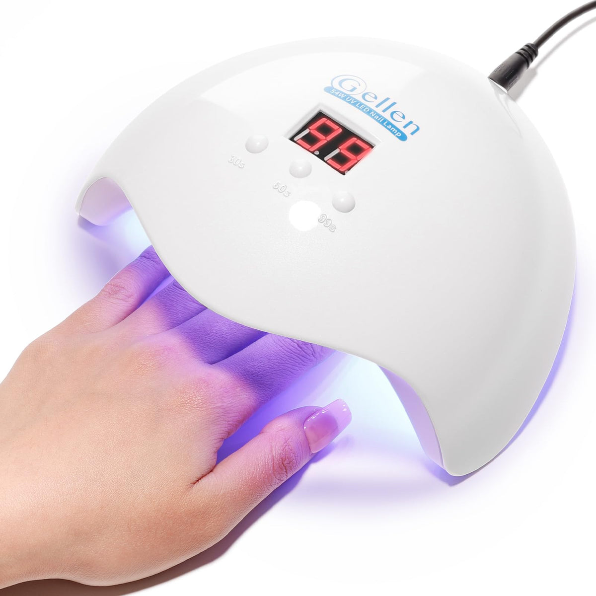 GELLEN 54W nail lamp front view with LCD display for fast curing.