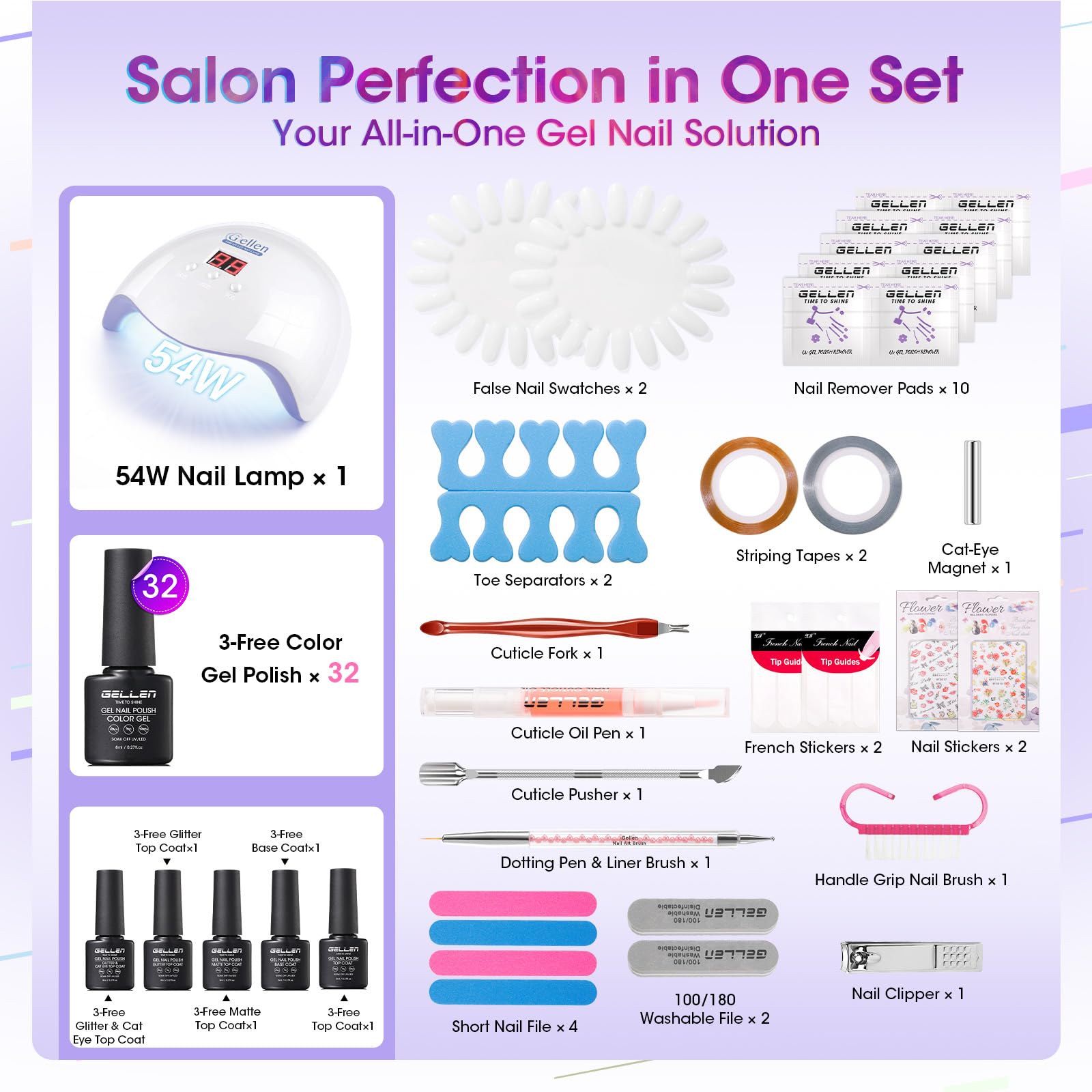 GELLEN Base and Top Coats display glossy, matte, glitter, and cat-eye finishes.