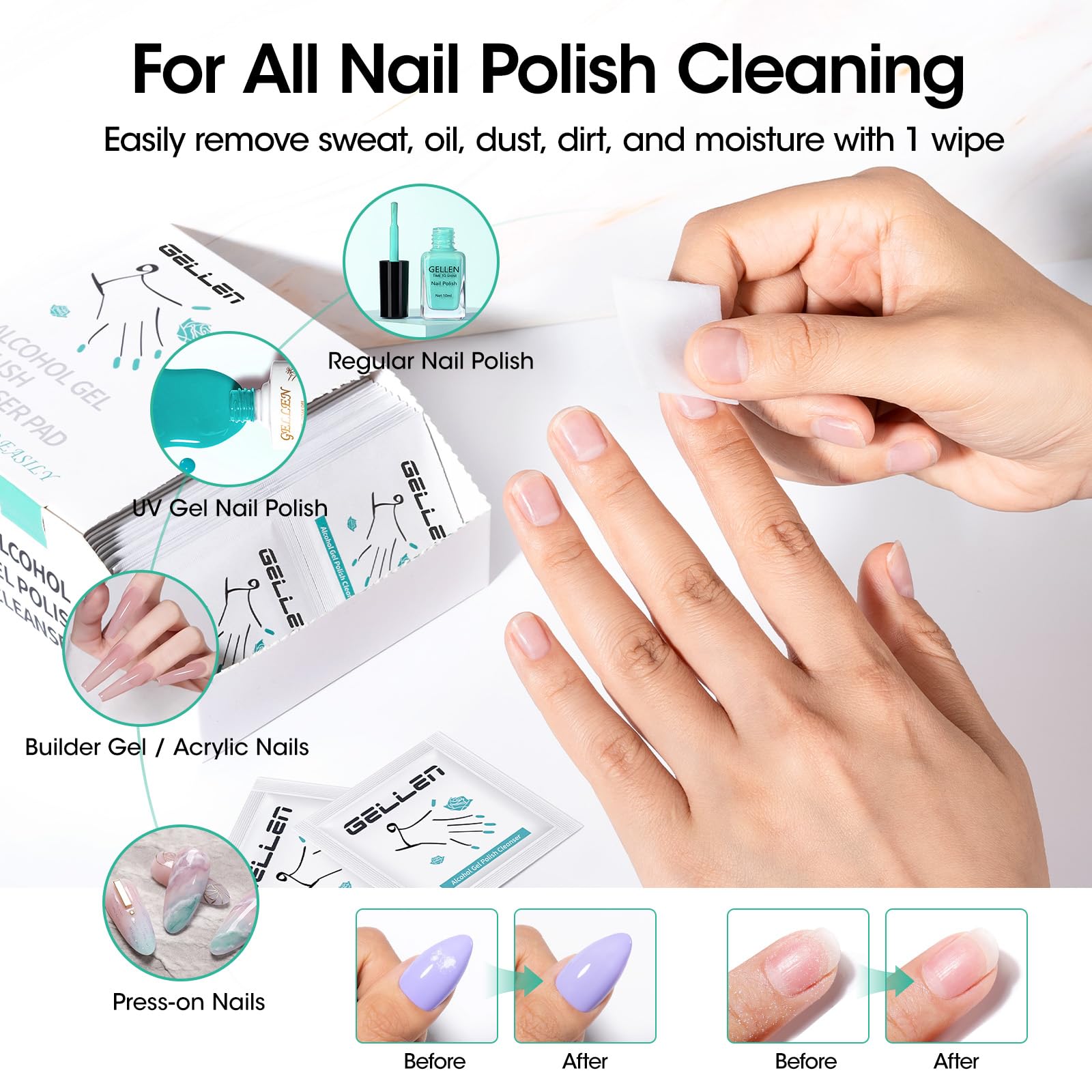 GELLEN cleanser wipes sweeping dust and gel residues for smooth prep.