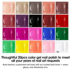 GELLEN 20 shades swatch highlights color variety for year-round nail art.