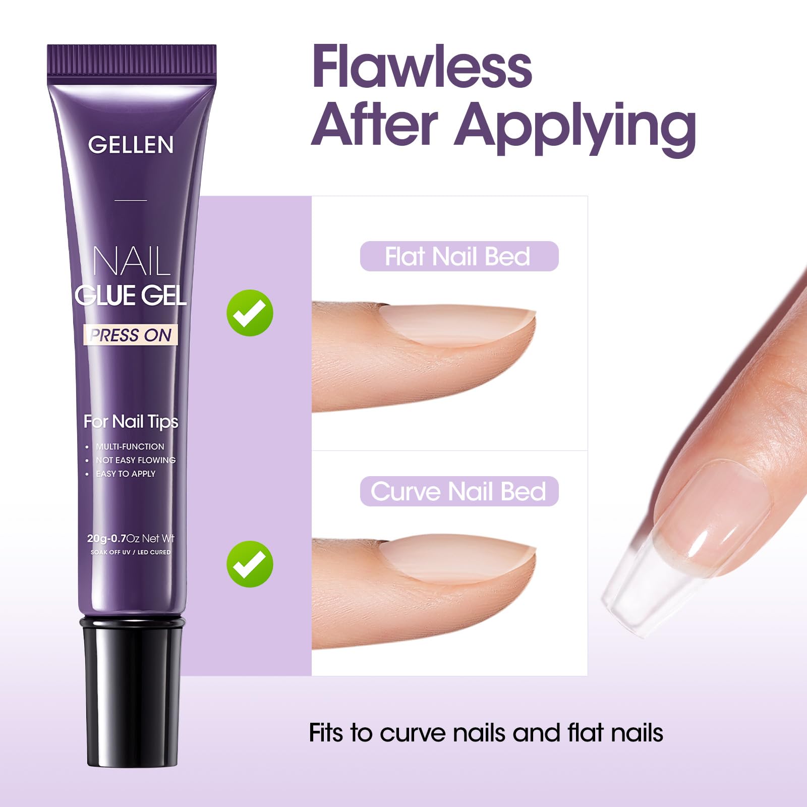 GELLEN crystal-clear nail glue dries without whitening or yellowing.
