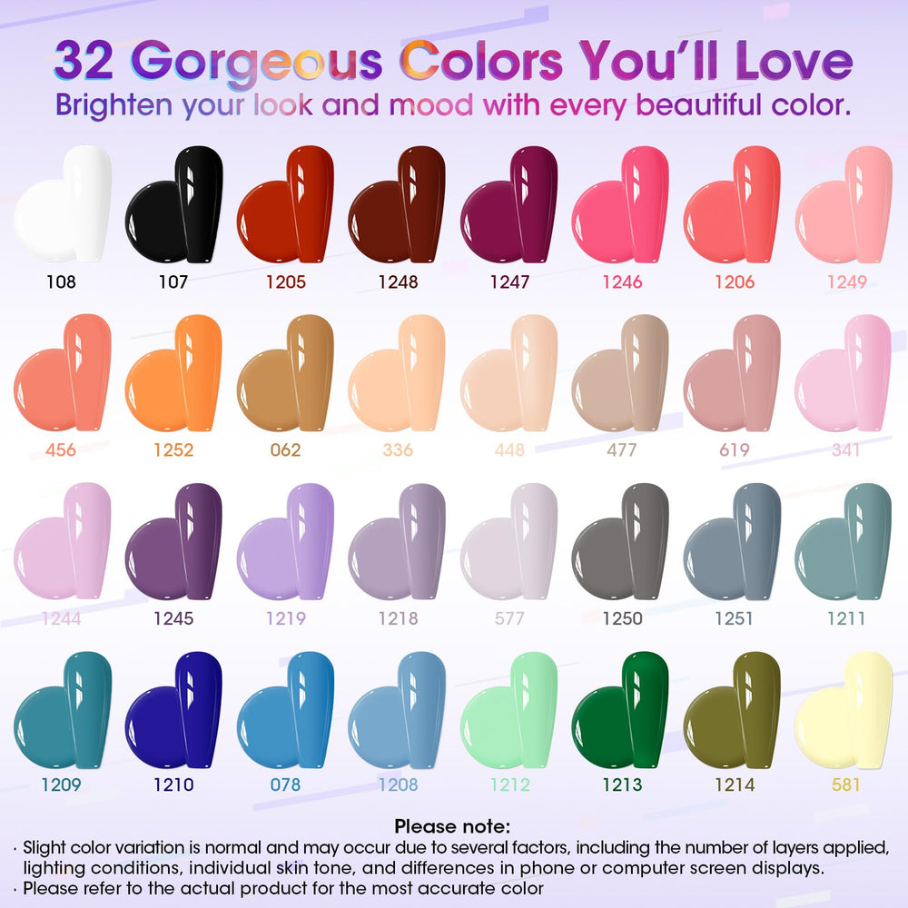 GELLEN 32 gel colors array offering versatile shades for seasons and styles.