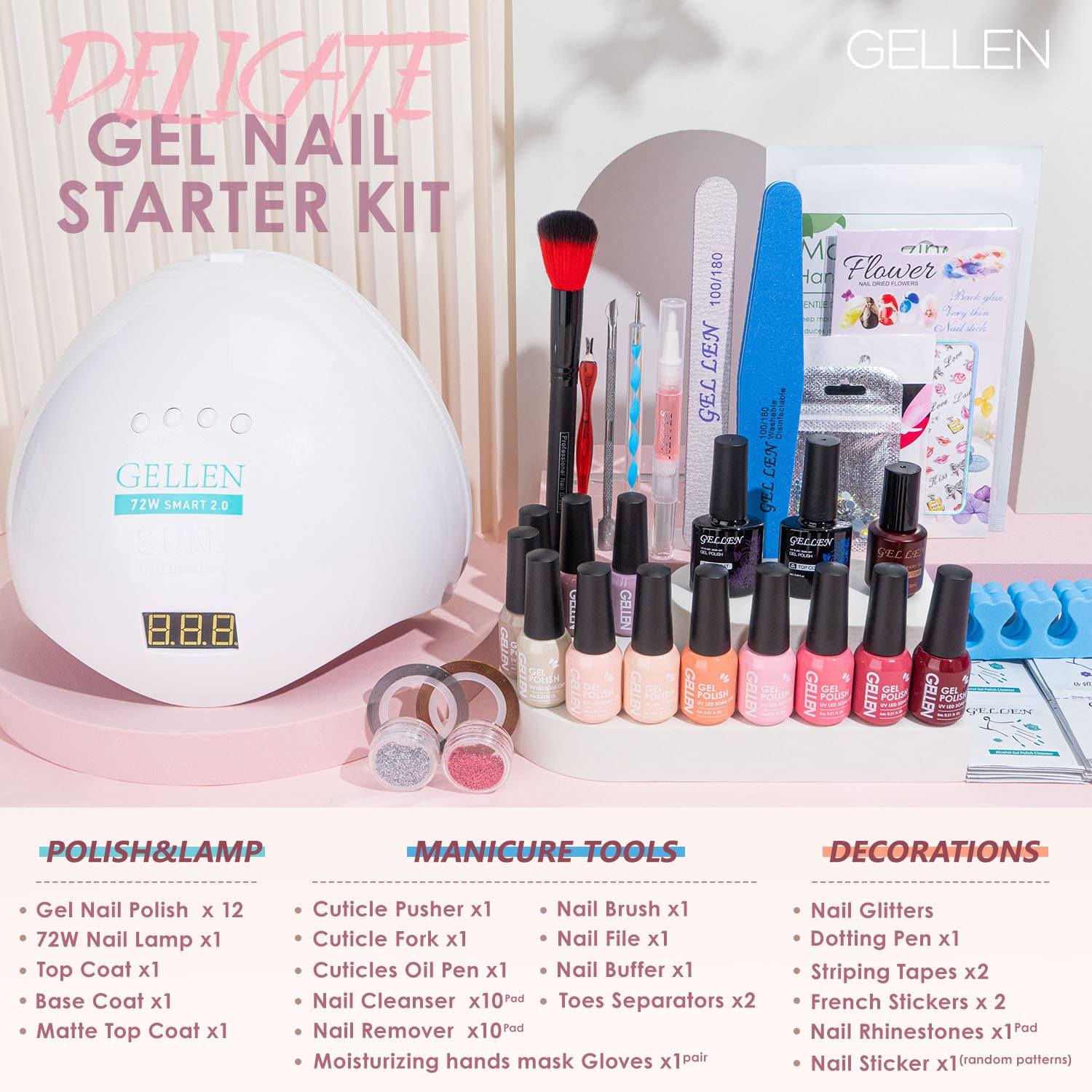 GELLEN Gel Nail Kit swatches of 12 bright and pastel colors