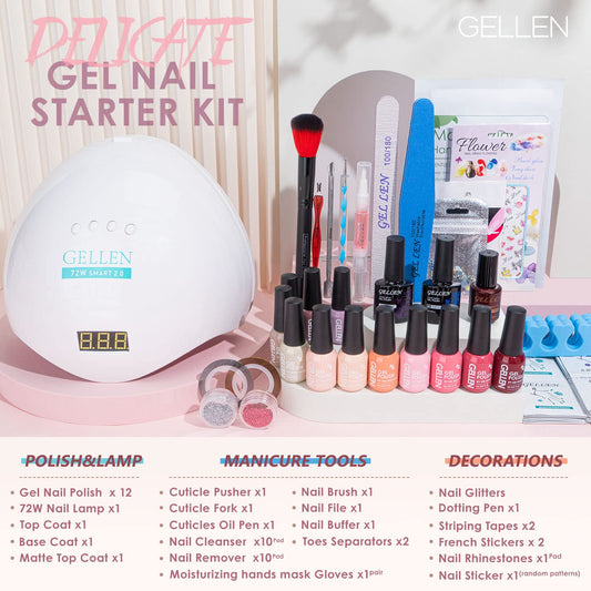 GELLEN Gel Nail Kit swatches of 12 bright and pastel colors
