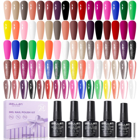 GELLEN gel nail polish kit display with 20 colors and coatings for versatile looks.