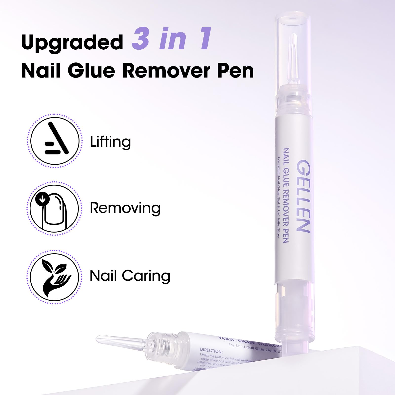 Gellen Nail Glue Remover Pen infused with Vitamin E for nourishing removal.