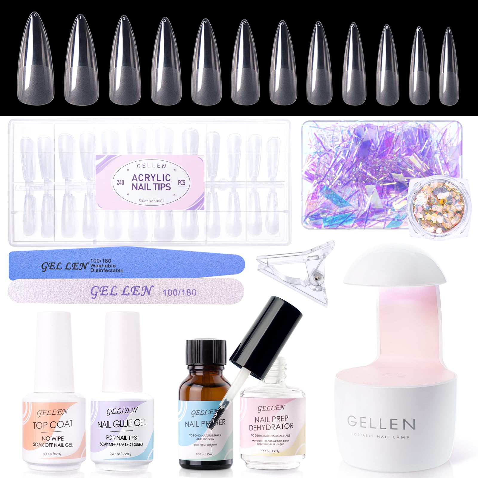 GELLEN complete nail kit layout with tips, lamp, and tools for at-home salon quality.