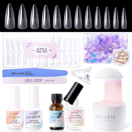 GELLEN complete nail kit layout with tips, lamp, and tools for at-home salon quality.