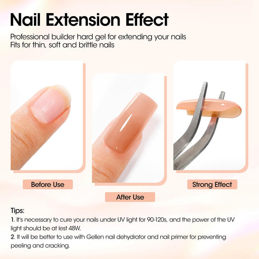 Gellen nude builder gel swatches showing natural color and smooth finish.
