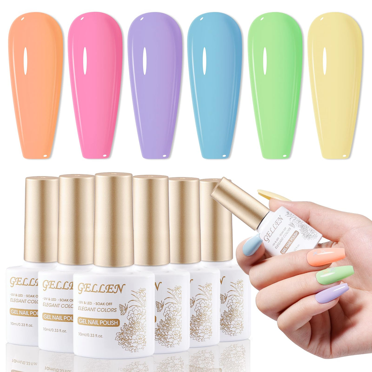 GELLEN pastel gel polish set with six macaron colors for chic nails.