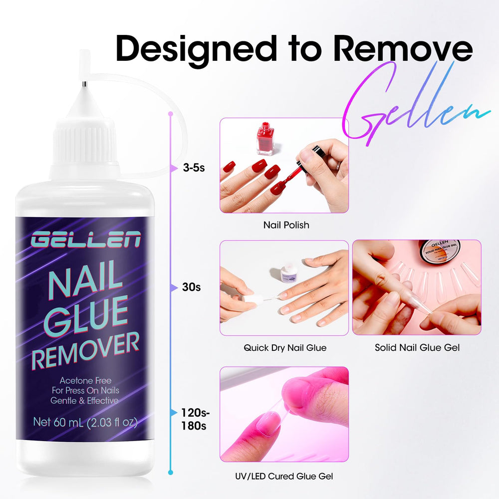 Gellen quick removal demo highlighting fast glue dissolution on nails.