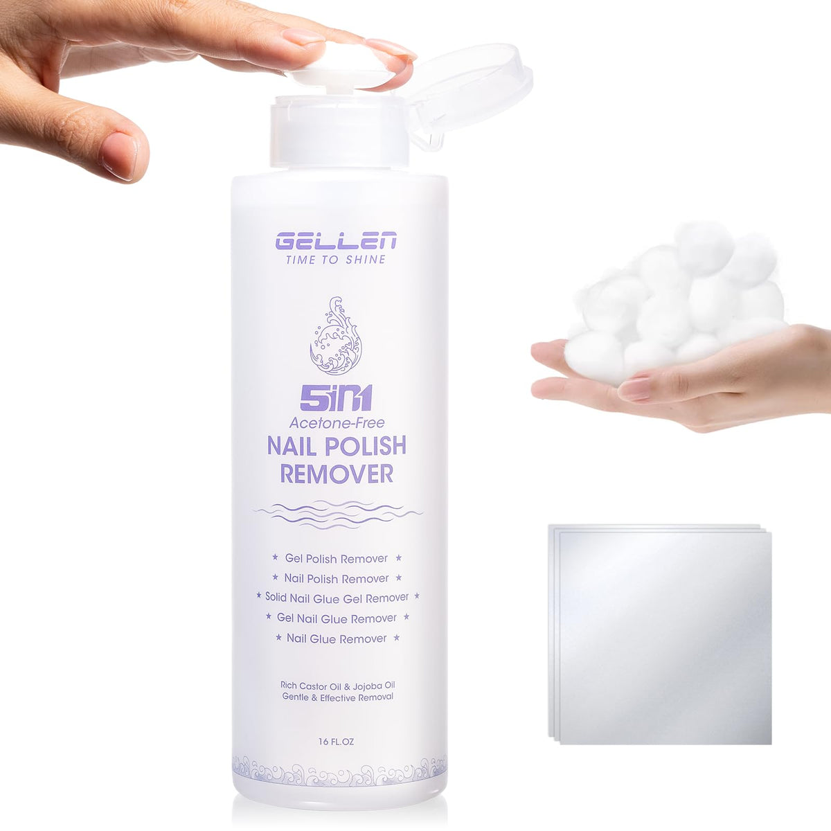 GELLEN remover pump bottle showing mess-free dispense for gel polish removal.