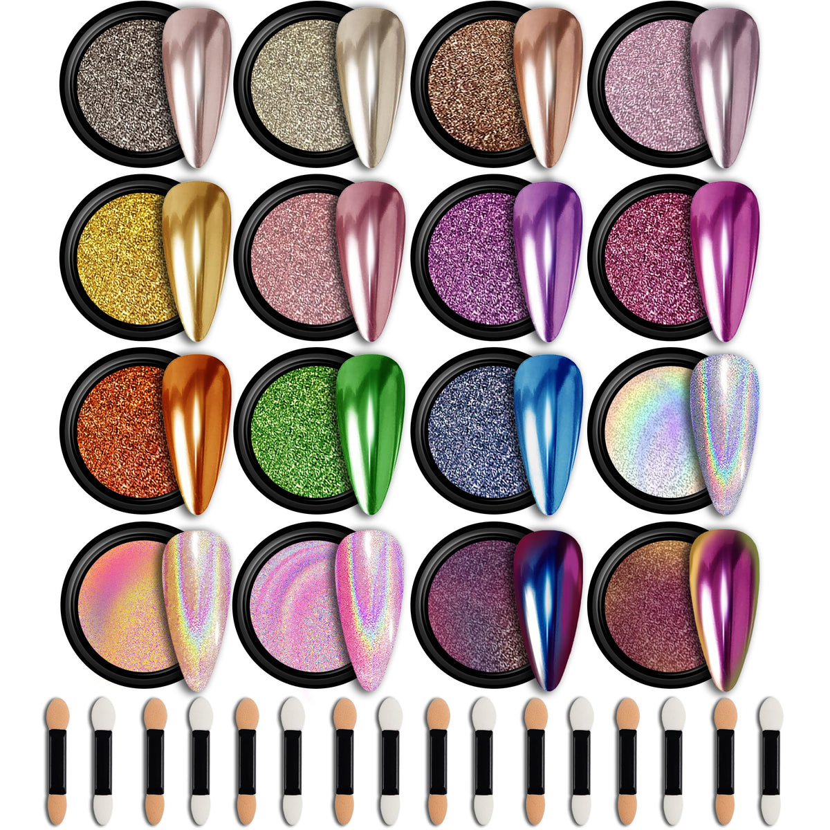 GEL PARTY 16-colors palette showcases versatile chrome powders for creative nail art.