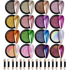GEL PARTY 16-colors palette showcases versatile chrome powders for creative nail art.