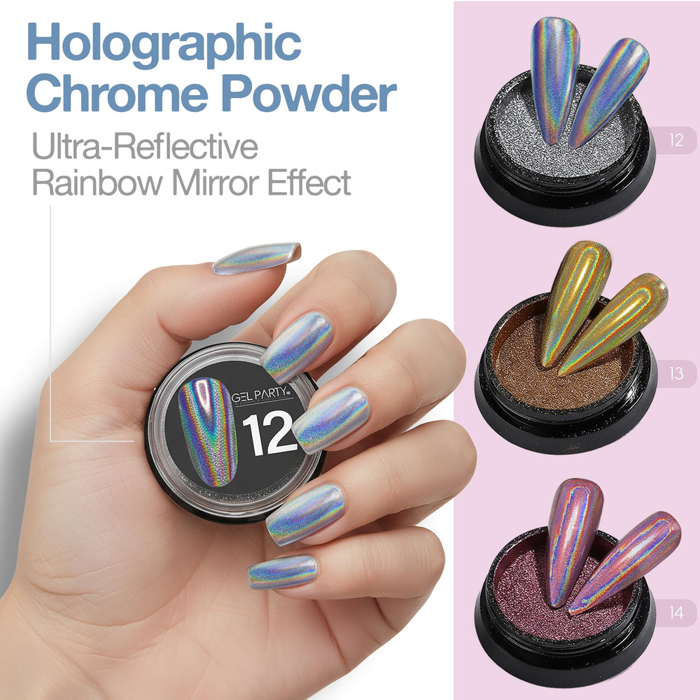 GEL PARTY aurora powder adds dreamy, prismatic glow over darker bases.