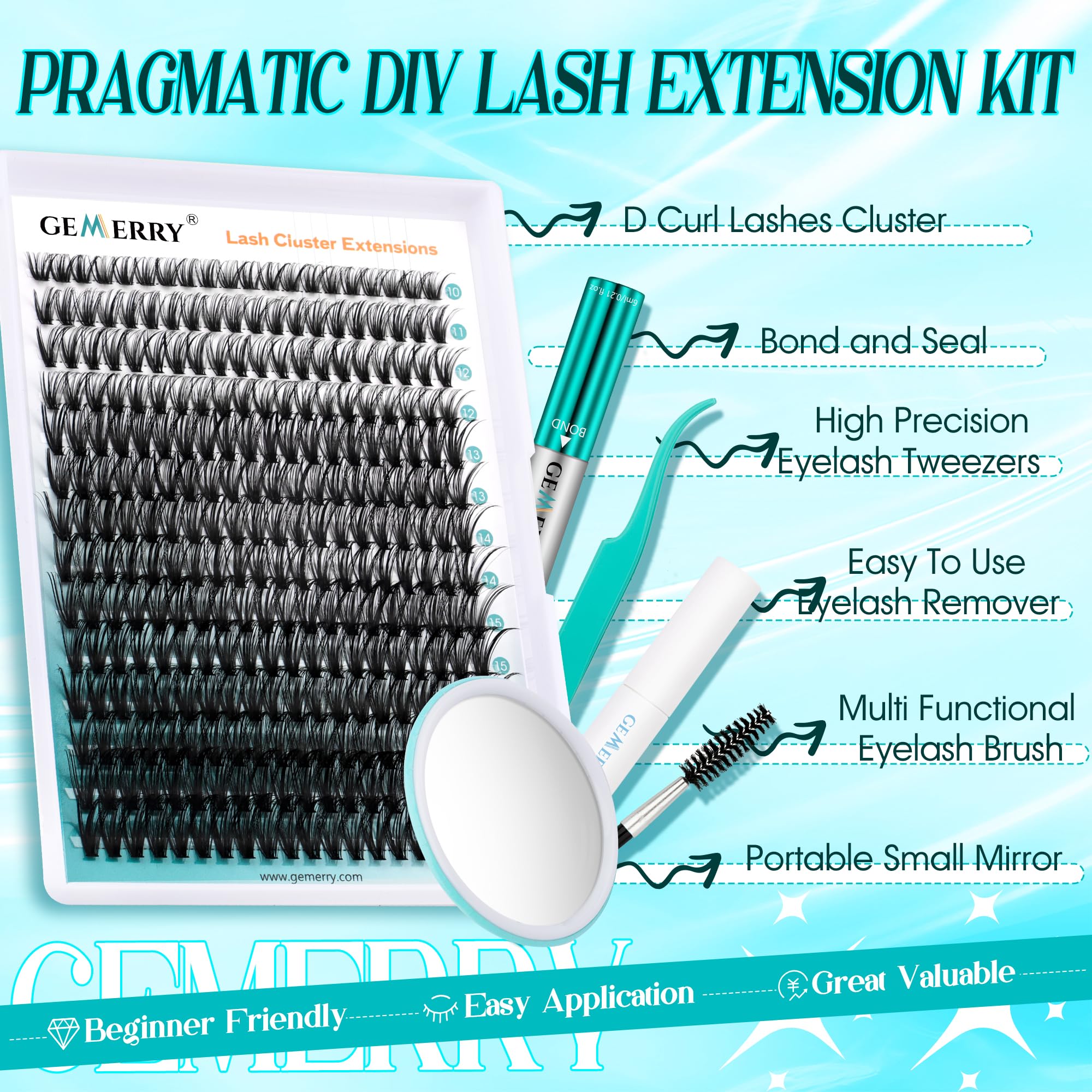 Close-up of GEMERRY D Curl lash clusters for natural to fluffy volume