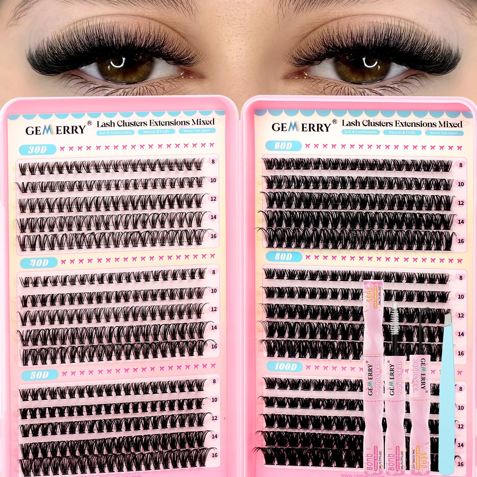 GEMERRY Lash Clusters Kit box showing diverse 565 lashes for versatile looks.
