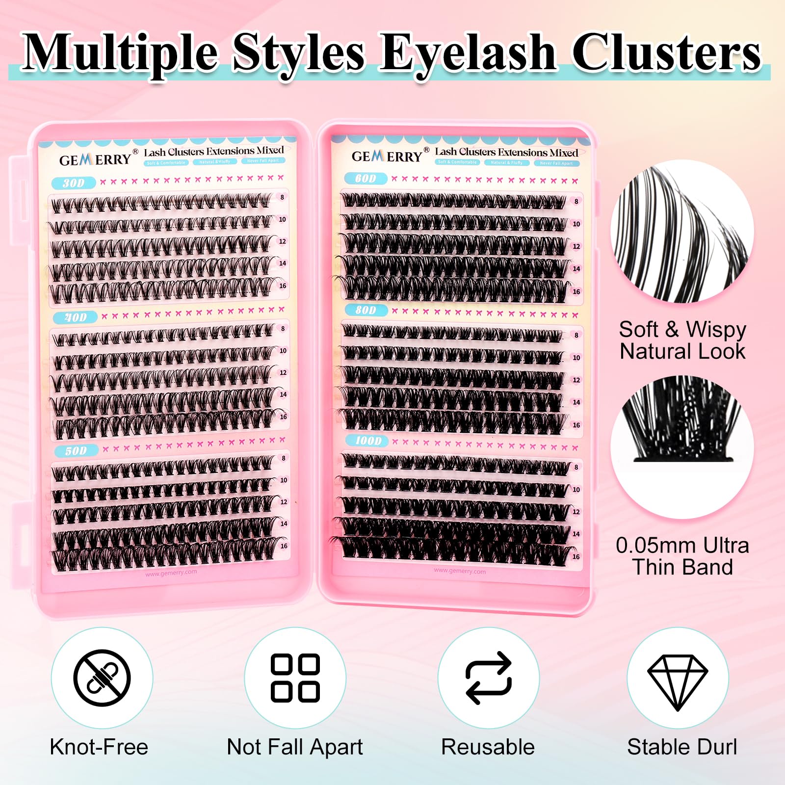 GEMERRY natural-feel lash clusters close-up for seamless blending.