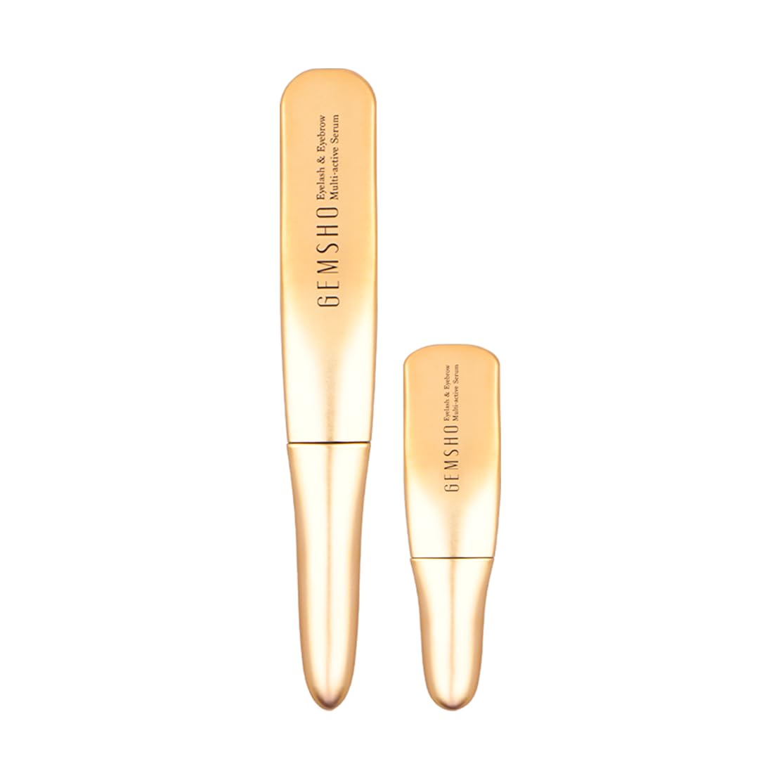 GEMSHO eyelash serum bottle close-up, lightweight formula for quick absorption and daily nourishment.