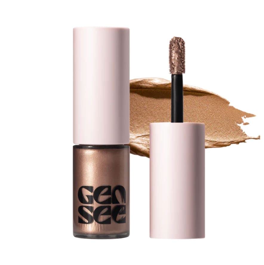 Gen See First Light metallic liquid eyeshadow adds pink champagne shimmer for luminous lids.