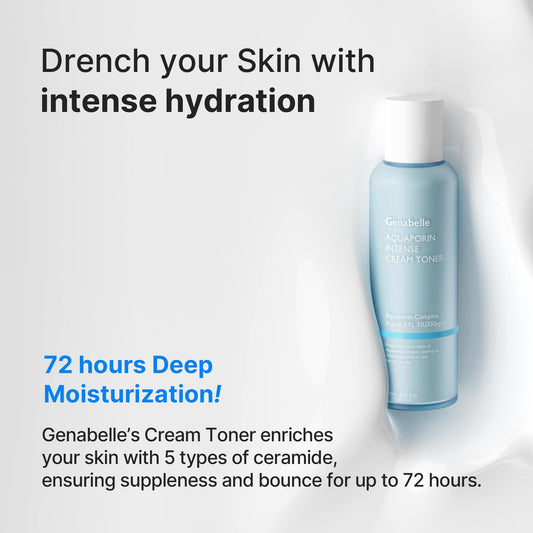 Genabelle Aquaporin Intense Cream Toner swirl on skin delivering hydration.