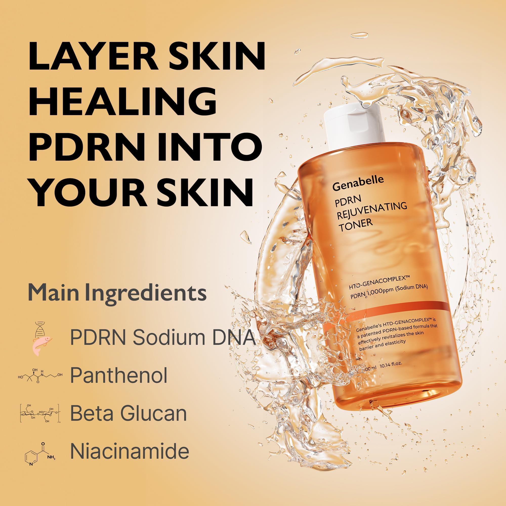 Genabelle PDRN Rejuvenating Toner being applied for refreshed, hydrated skin.