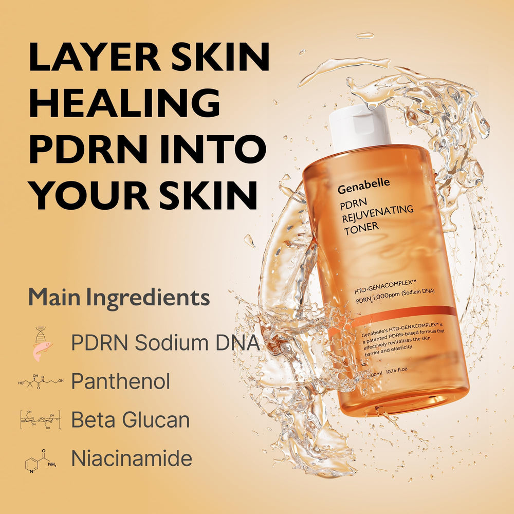 Genabelle PDRN Rejuvenating Toner being applied for refreshed, hydrated skin.
