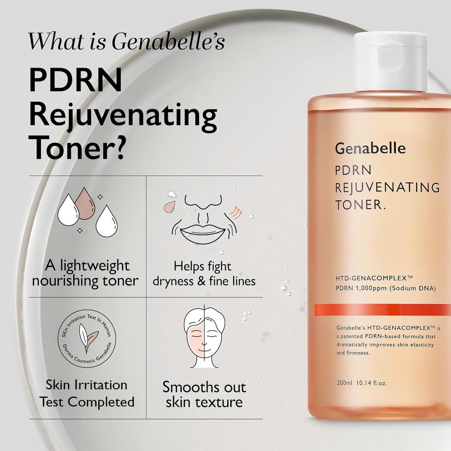 Genabelle PDRN Rejuvenating Toner swatch demonstrating a dewy, healthy glow.