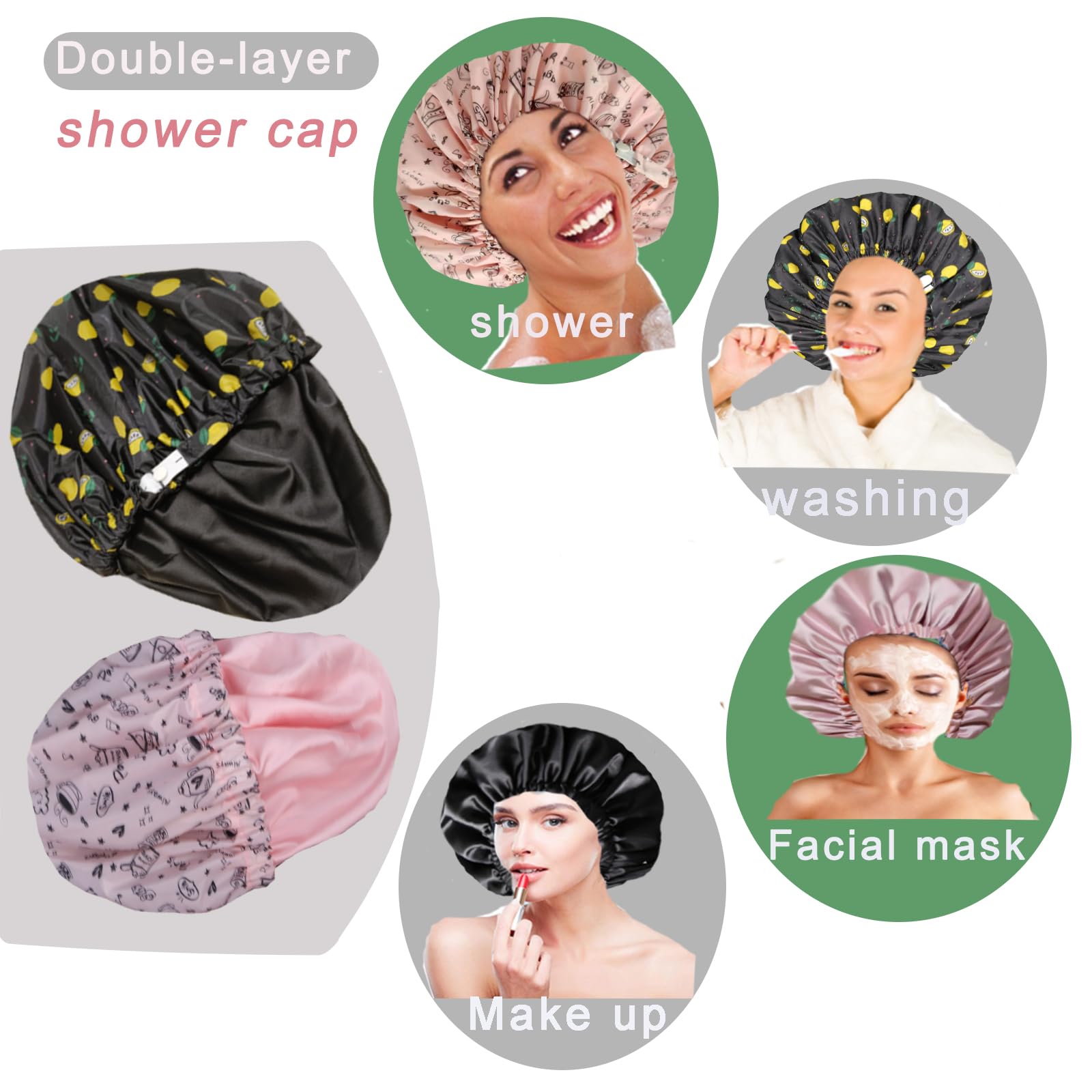 Genergy packaging includes 2 reusable shower caps with satin scrunchy