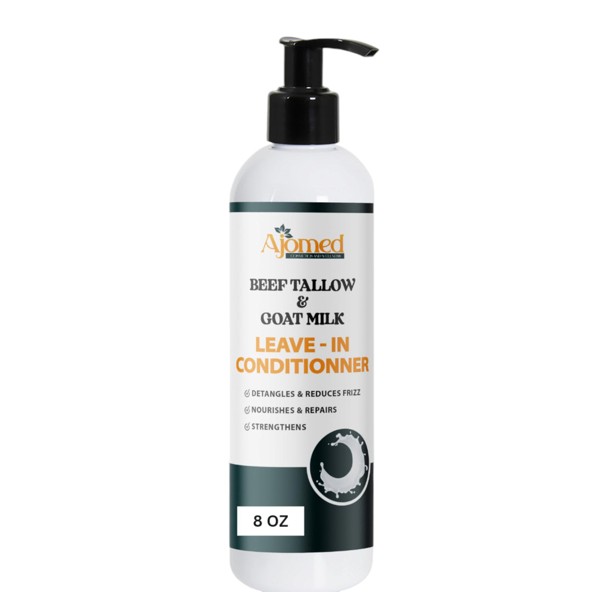 Generic Beef Tallow Goat Milk Leave-In Conditioner bottle moisturizes frizz-prone hair.