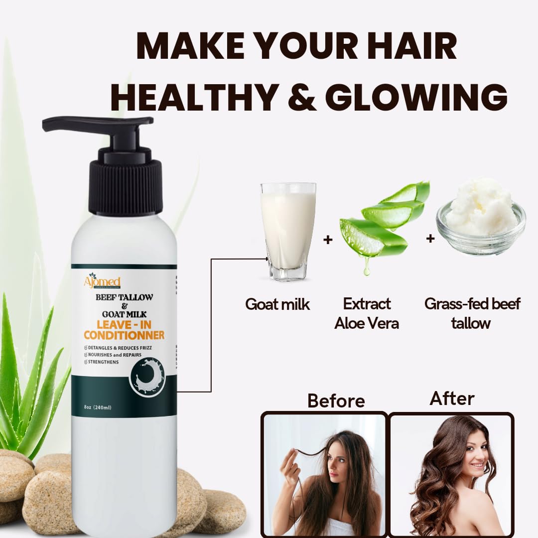 Generic Beef Tallow Goat Milk Leave-In Conditioner applied on damp curls for easier detangling.
