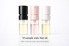Travel-ready perfume sampler with 0.03–0.06 oz vials.