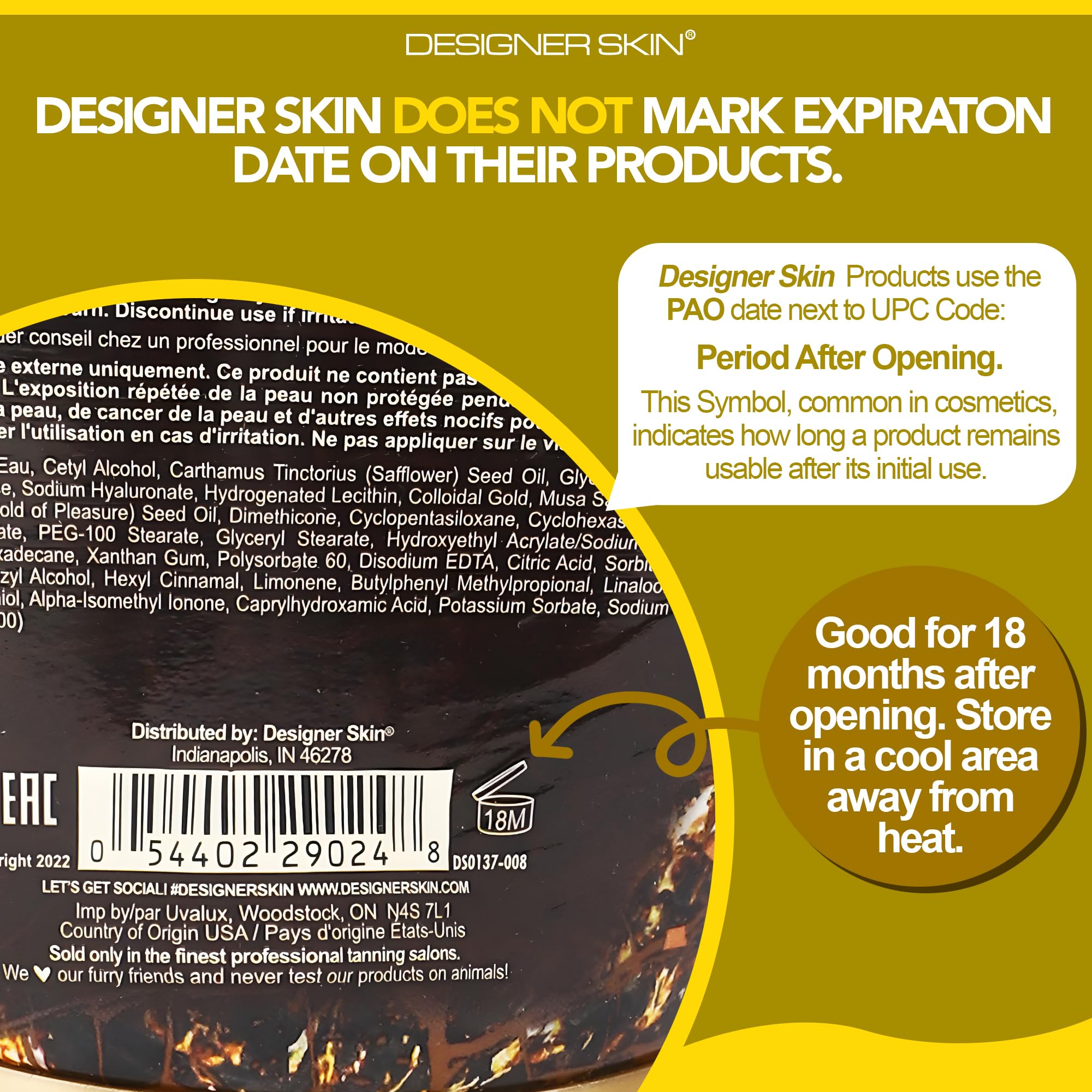 Generic Designer Skin 14 Karat Gold Rush bronzing lotion back information highlights usage tips.