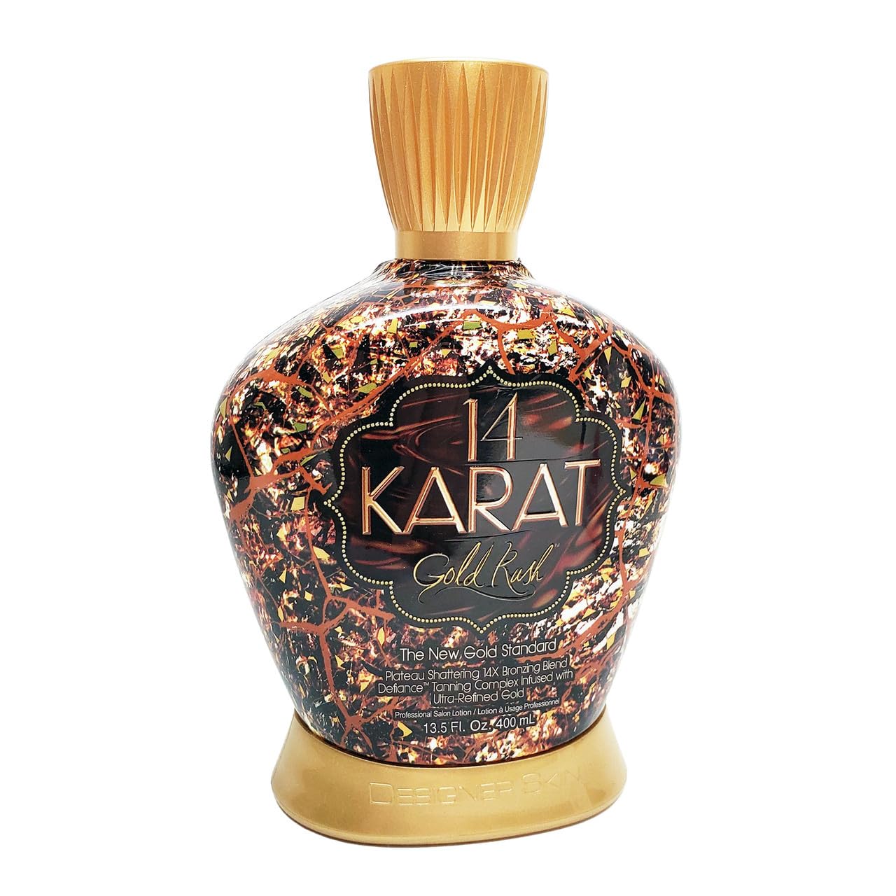 Generic Designer Skin 14 Karat Gold Rush bronzing lotion bottle front for a radiant glow.