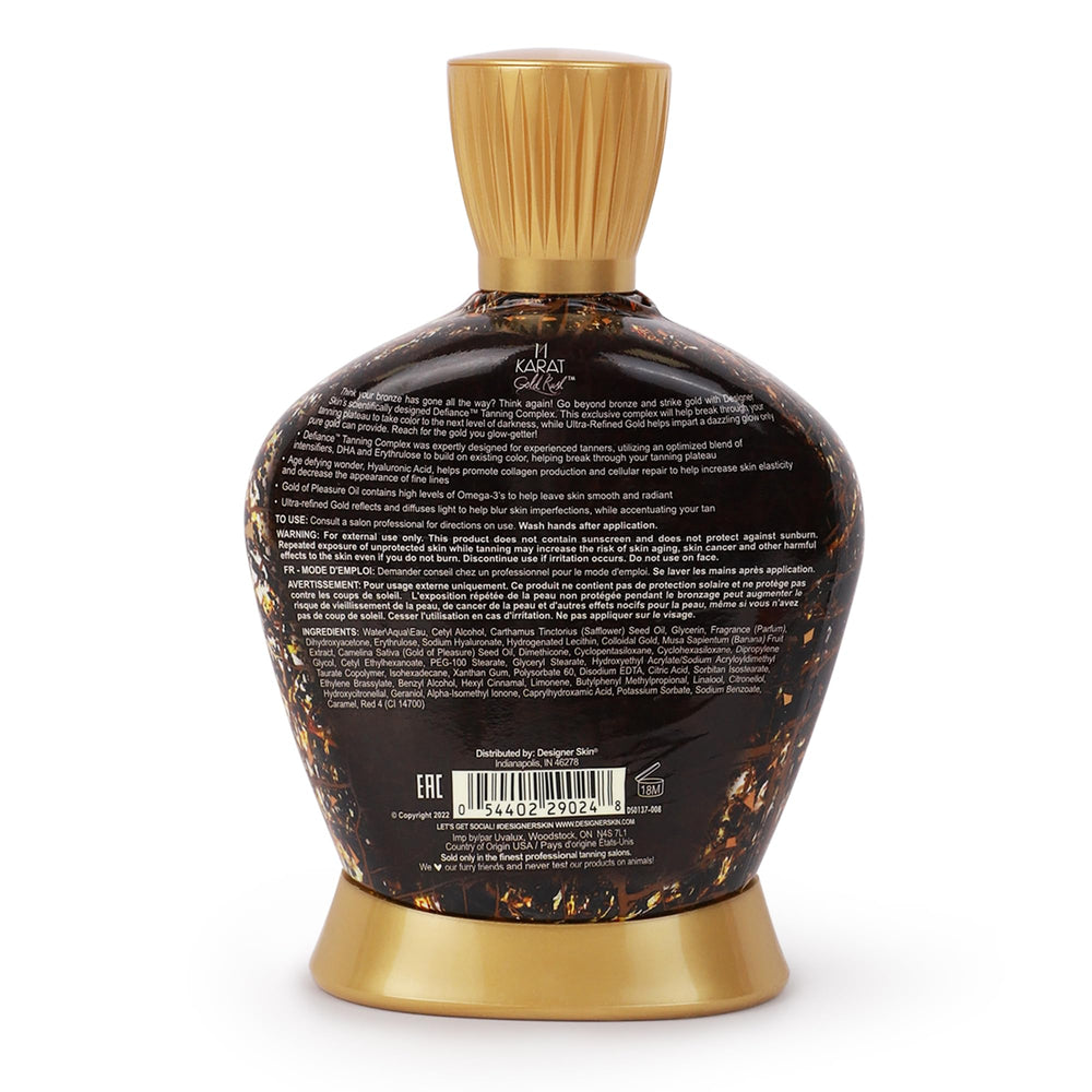 Generic Designer Skin 14 Karat Gold Rush bronzing lotion label close-up showing premium formula.