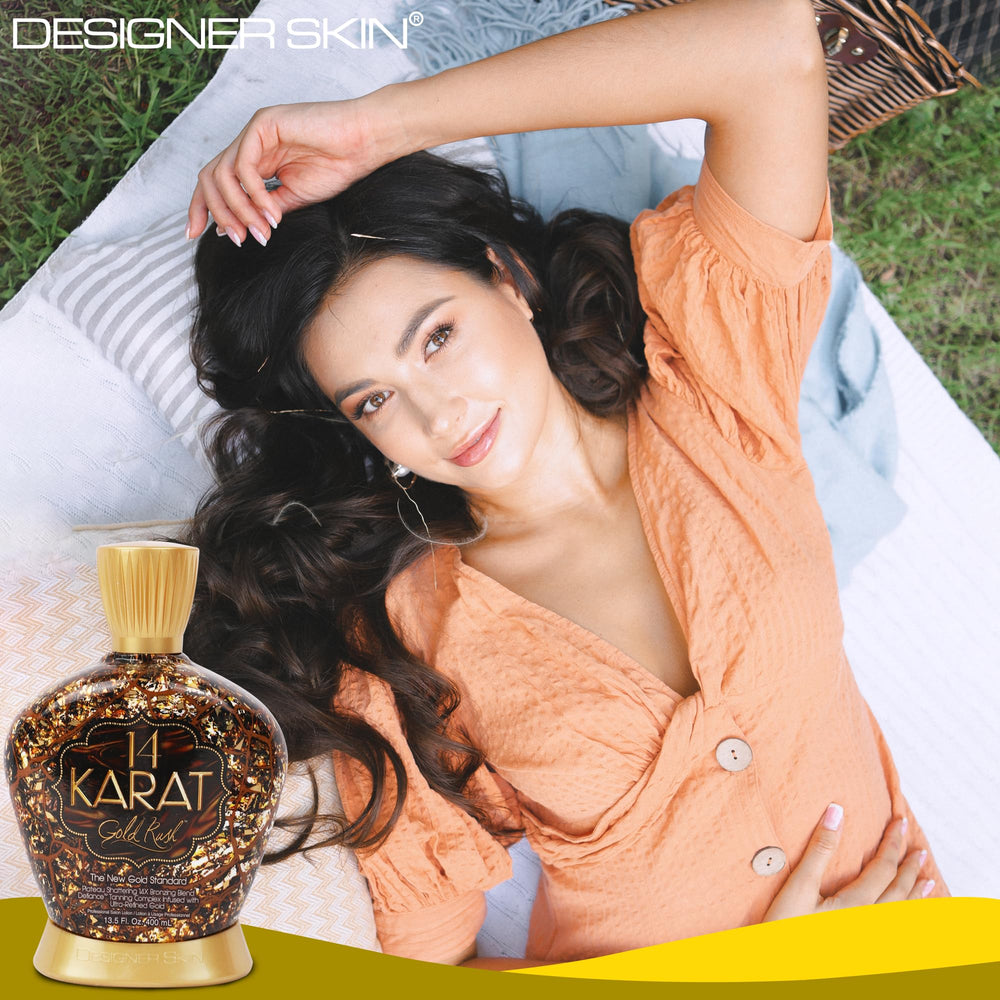 Generic Designer Skin 14 Karat Gold Rush bronzing lotion side view showcases premium packaging.