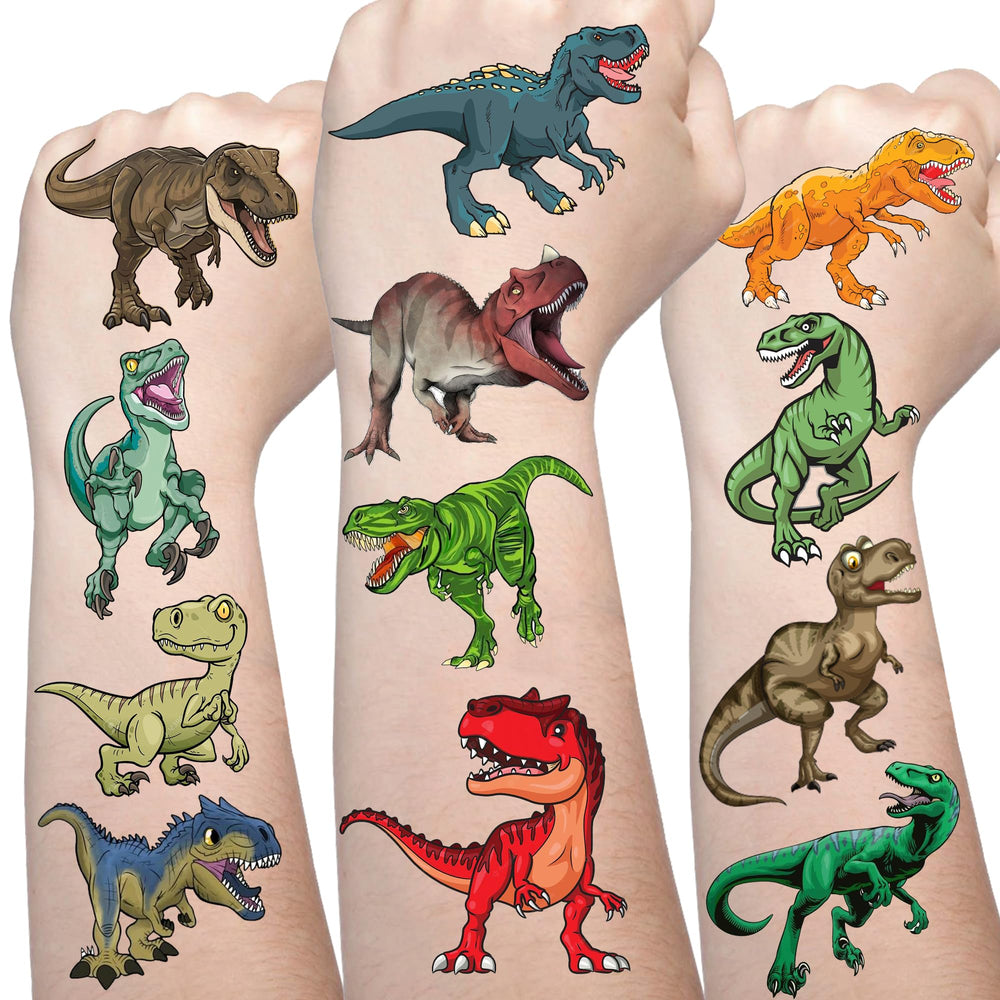 Generic dinosaur temporary tattoos front packaging showing 96-piece set and benefits