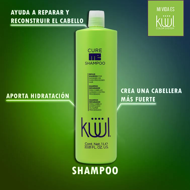 Generic Kuul Cure Me Shampoo label featuring Aminogen Complex nourishment.