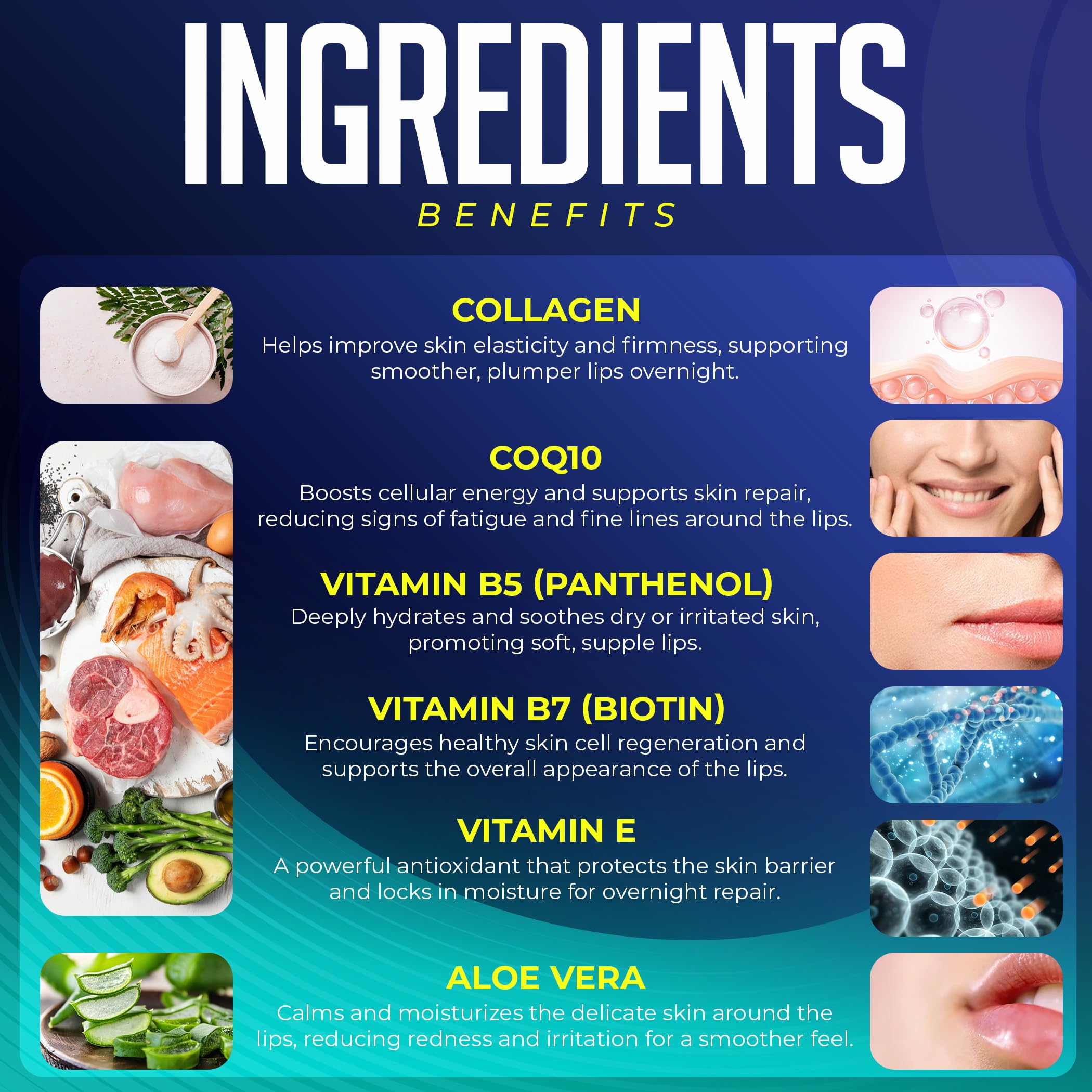 Generic lip mask packaging with aloe and CoQ10 signals nourishing nightly treatment.